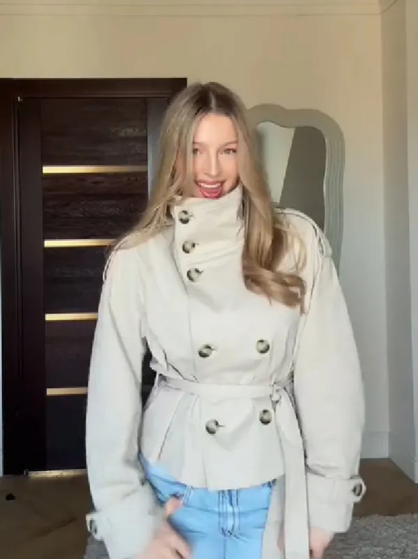 Women's Short Trench Coat Stand Collar Double-Breasted Slim Fit Waist Tie Jacket Casual Office Commuter Outerwear Polyester