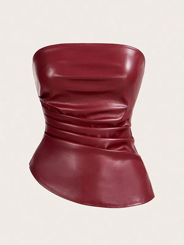 Top a Tubo Sexy Senza Spalline in Pelle PU da Donna Rosso Vino Increspato Orlo Asimmetrico Slim Fit Bandeau Corto Clubwear