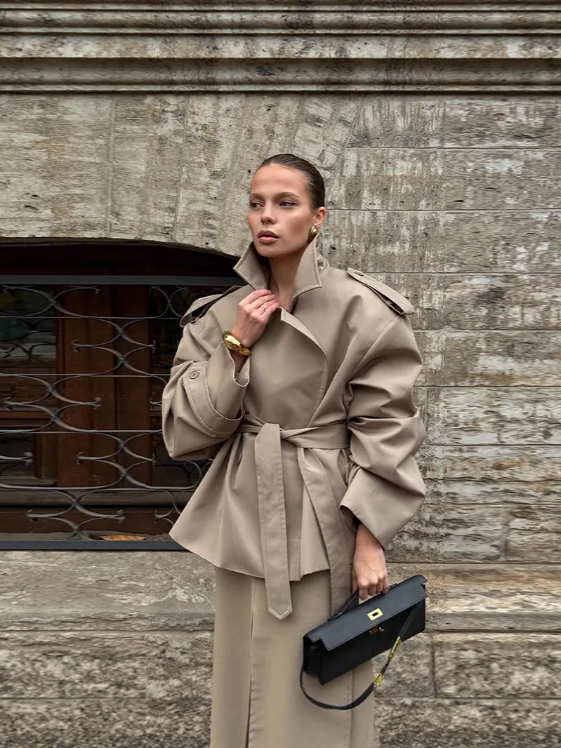 Damen Mode Kurz Trenchcoat Polyester Bindegürtel Langarm Revers Lässig Khaki Oberbekleidung Westlicher Stil Herbst Frühlingsjacke