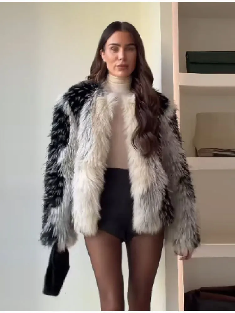 Cappotto in Pelliccia Ecologica di Volpe da Donna Ispessito Caldo Largo a Blocchi di Colore Giacca Corta Invernale Elegante Top
