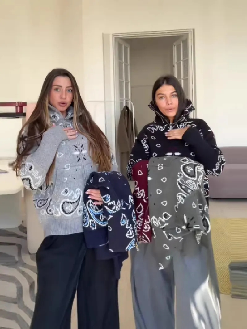 Women Japanese Lazy Style Acrylic Knit Cardigan Stand Collar Zipper Long Sleeve Sweater Paisley Print Loose Casual Top