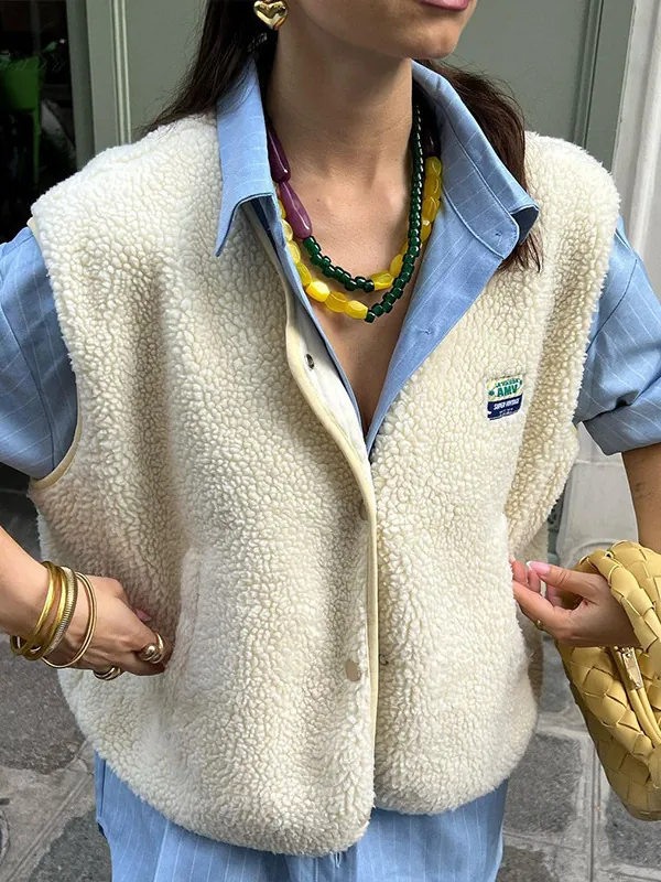 Gilet Sans Manches en Polaire Pour Femmes Veste Courte Boutonnée Décontractée Ample Sherpa Avec Poches Streetwear Rétro