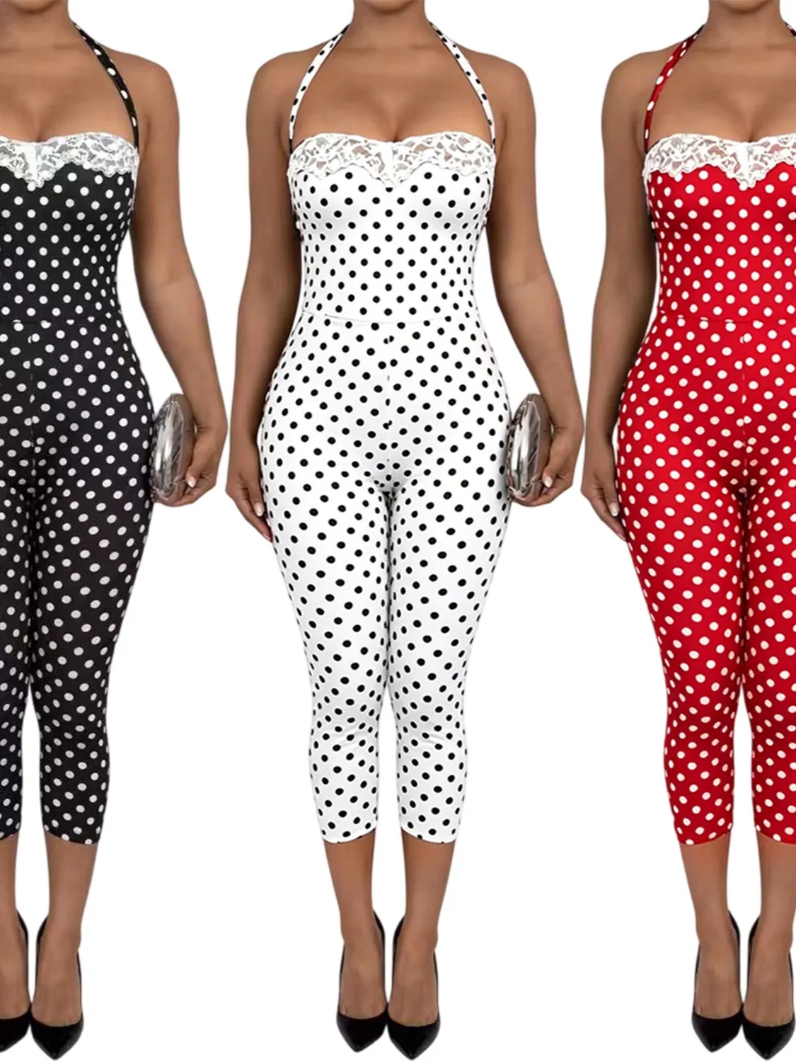 Women Sexy Polka Dot Halter Jumpsuit With Lace Trim Patchwork Backless Skinny Capri Top And Bottom One Piece Bodysuit