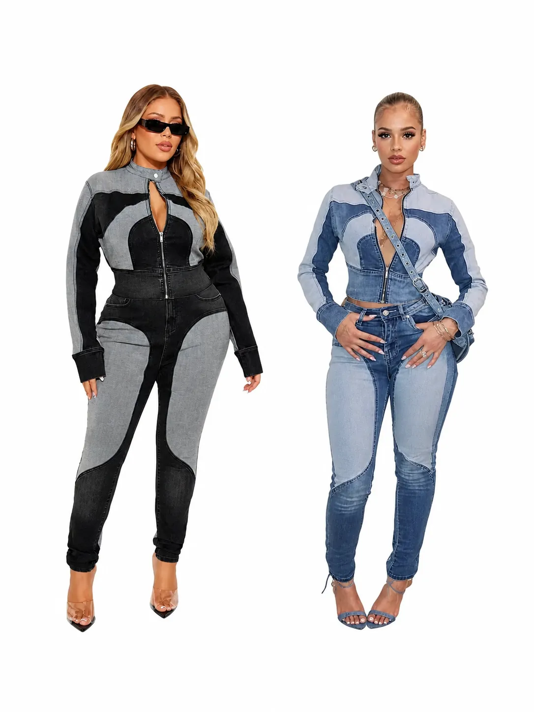 Women Fashion Patchwork Denim Top And Bottom Set High Elastic Wash Jean Jacket And Slim Fit Long Pants Tracksuit