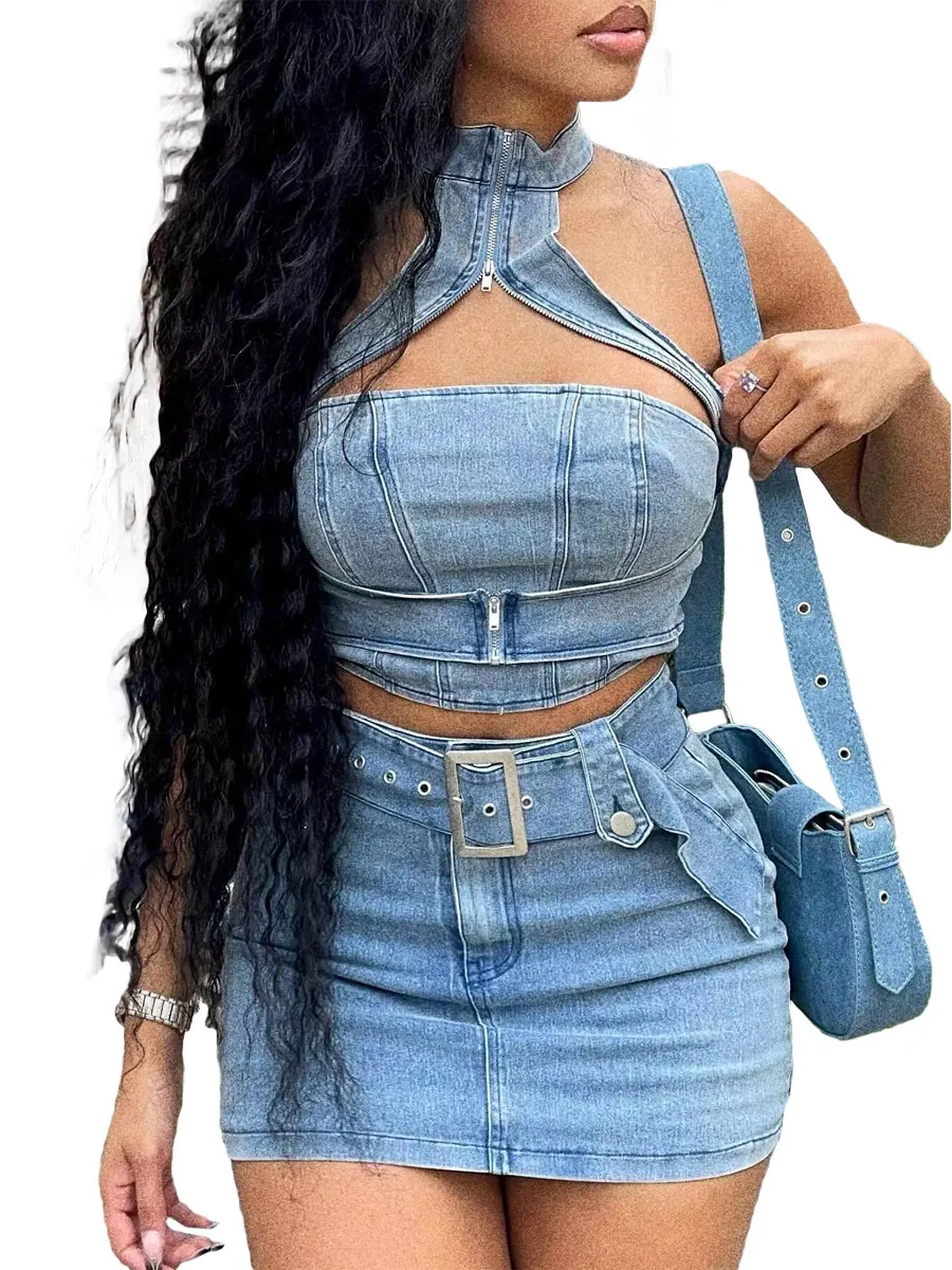 Conjunto de Falda de Mujer Sexy Cuello Halter Denim Lavado Top And Bottom Sin Mangas con Cremallera y Minifalda Azul