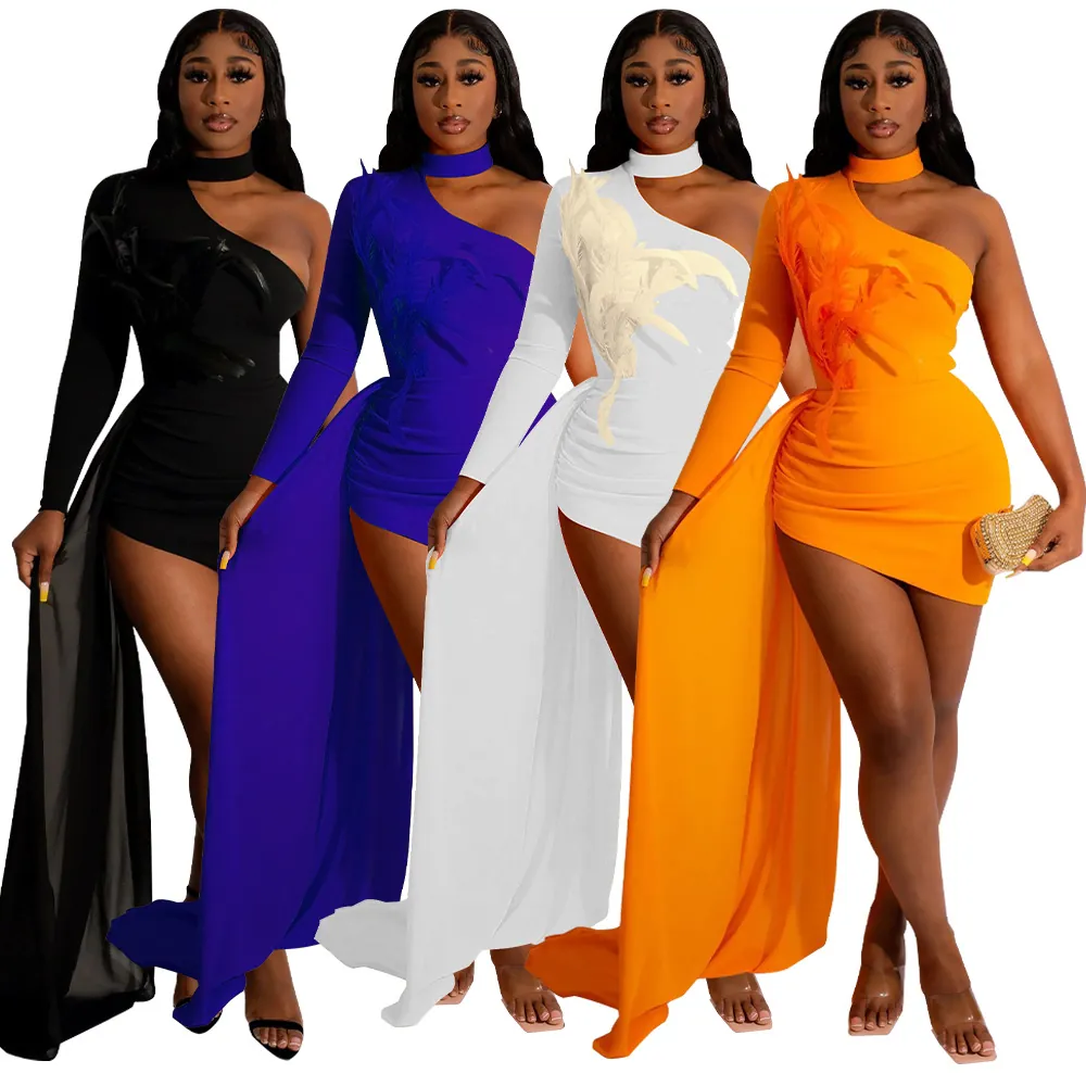 Women Sexy One Shoulder Feather Bodycon Dress Ruched Tulle Mesh Train Asymmetrical Mini Party Dress Solid Color Cocktail Top