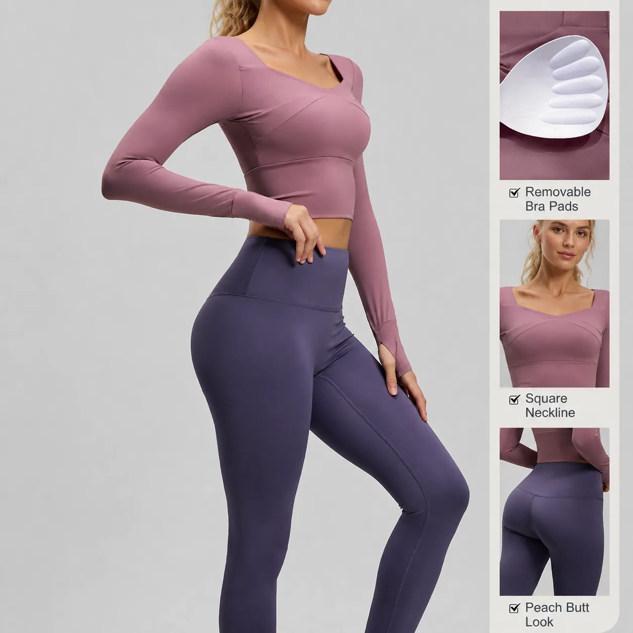 Women Slim Fit Yoga Set Long Sleeve Top And Bottom Quick Dry Breathable Gym Workout Set Thumb Hole Fitness Apparel