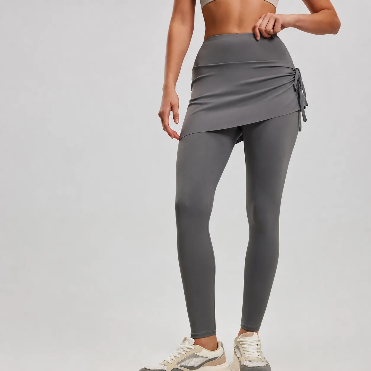 Damen High Waist Yoga Rock Hose Falscher Zweiteiler Geraffte Leggings Mit Kordelzug Schlankmachende Fitness Gym Sporthose Polyester Spandex Unten
