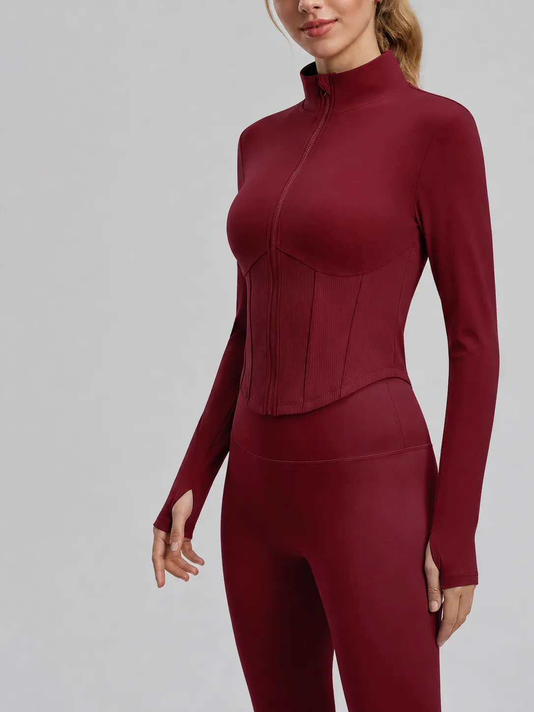 Vrouwen Slim Fit Yoga Jas Opstaande Kraag Rits Sport Hardlopen Top Nylon Elastaan Lange Mouw Fitness Jas Met Duimgaten