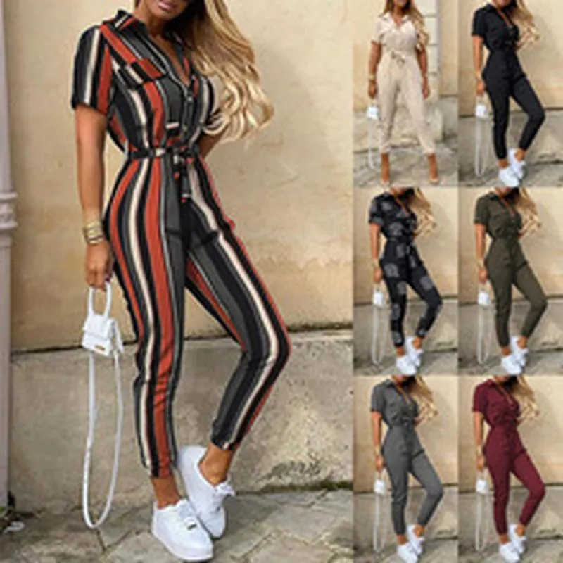 Women Casual Short Sleeve Cargo Jumpsuit With Belt Lapel Button Down Printed V-Neck Long Romper Pants Elegant Streetwear Jumpsuit