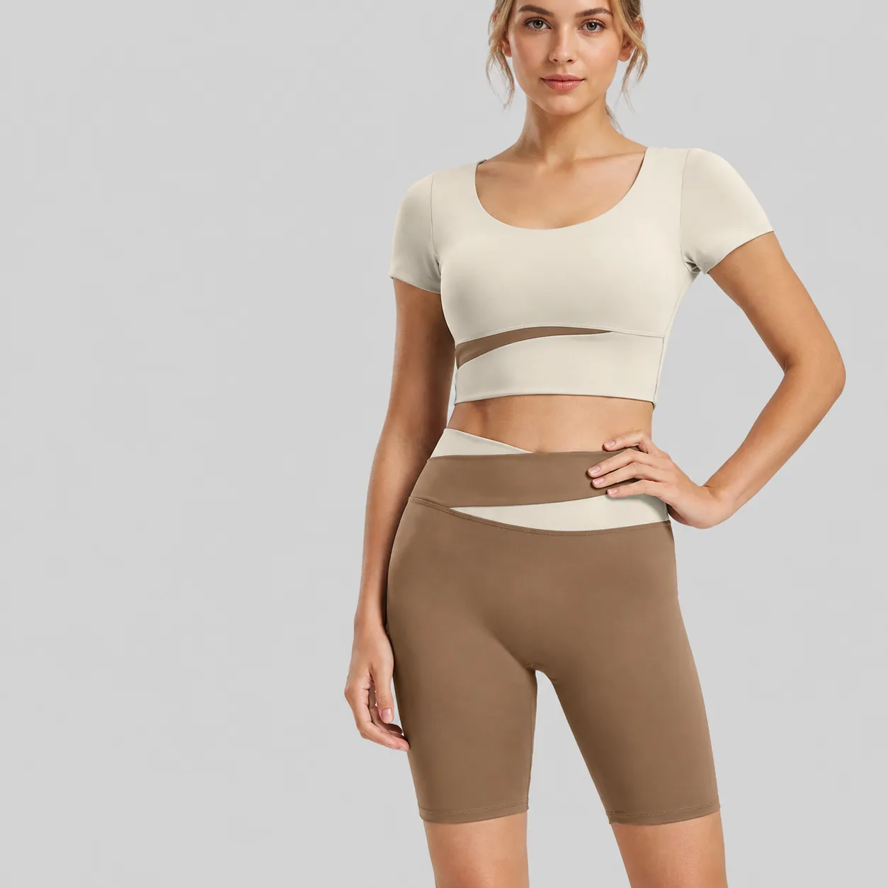 Dames Kleurblok Yoga Set Korte Mouw Crop Top Hoge Taille Patchwork Shorts Gym Workout Sportkleding Top And Bottom Outfit