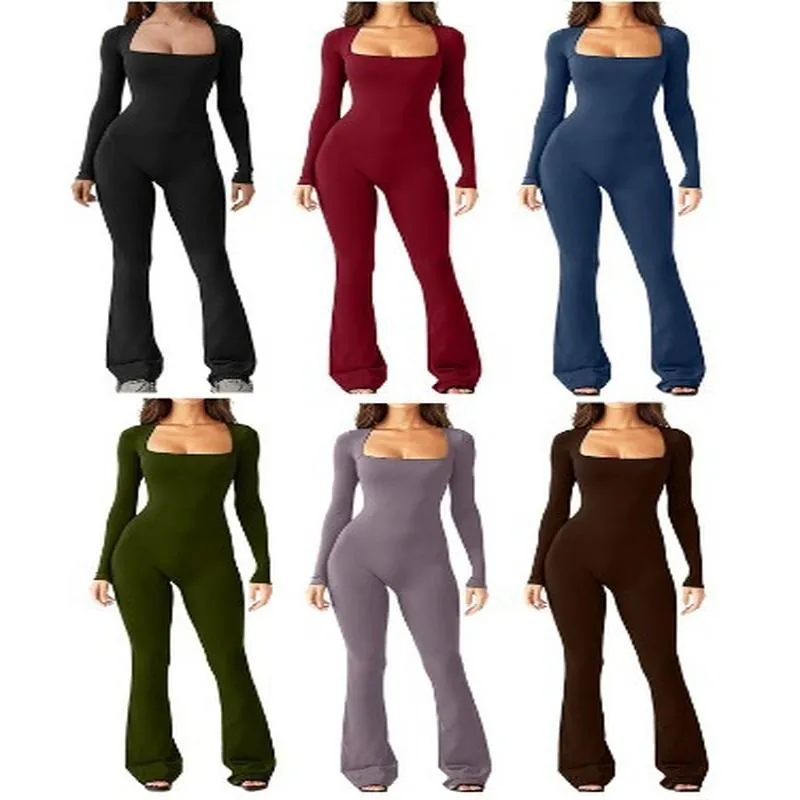 Mono de Mujer Sexy Cuello Cuadrado Manga Larga Alta Elasticidad Pata Ancha Acampanada Control de Abdomen Levanta Glúteos Color Sólido