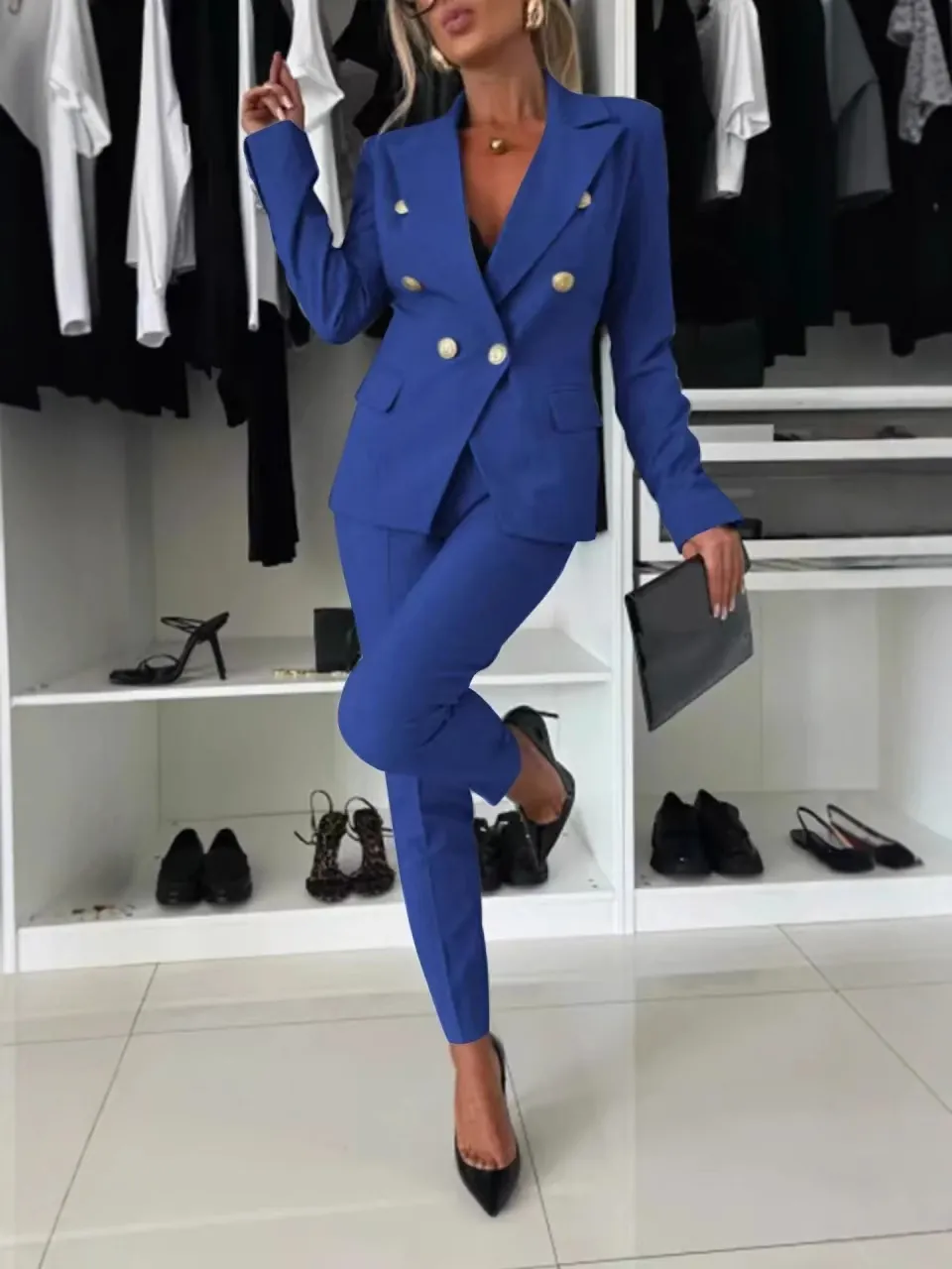 Damen Slim Fit 2-Teiliges Anzug-Set Doppelreihiger Blazer und Hose Mit Goldenen Knöpfen Elegantes Business Büro Arbeitskleidung Set