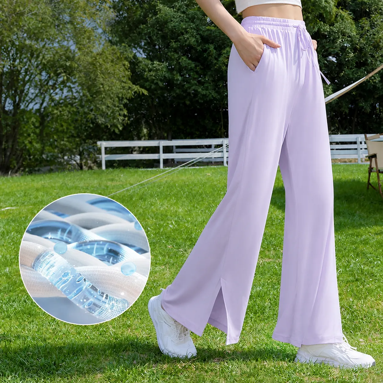 Pantalón de Mujer Cintura Alta Pierna Ancha Protección Solar Nailon Deportivo Holgado Abertura Lateral Yoga Protección UV