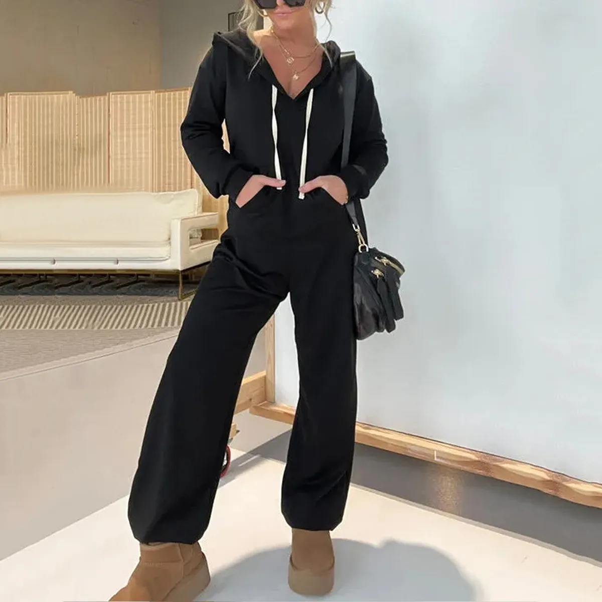 Damen Kapuzen Jumpsuit Langarm Lässig Einfarbig Sweatshirt Jumpsuit Mit Taschen Mode Bequem Top And Bottom Winter
