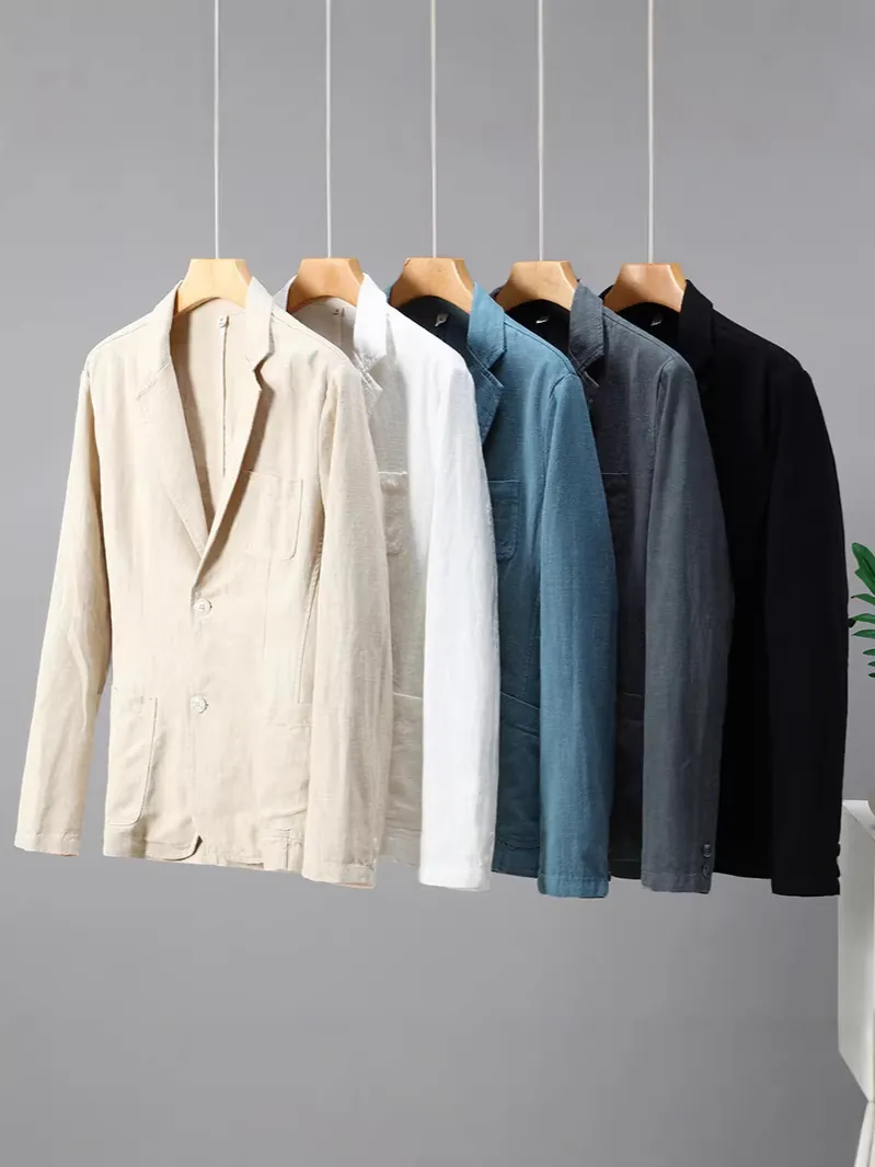 Blazer Homme Décontracté en Coton Lin Printemps Automne Veste Business Légère Coupe Large Simple Boutonnage Couleur Unie Blazer