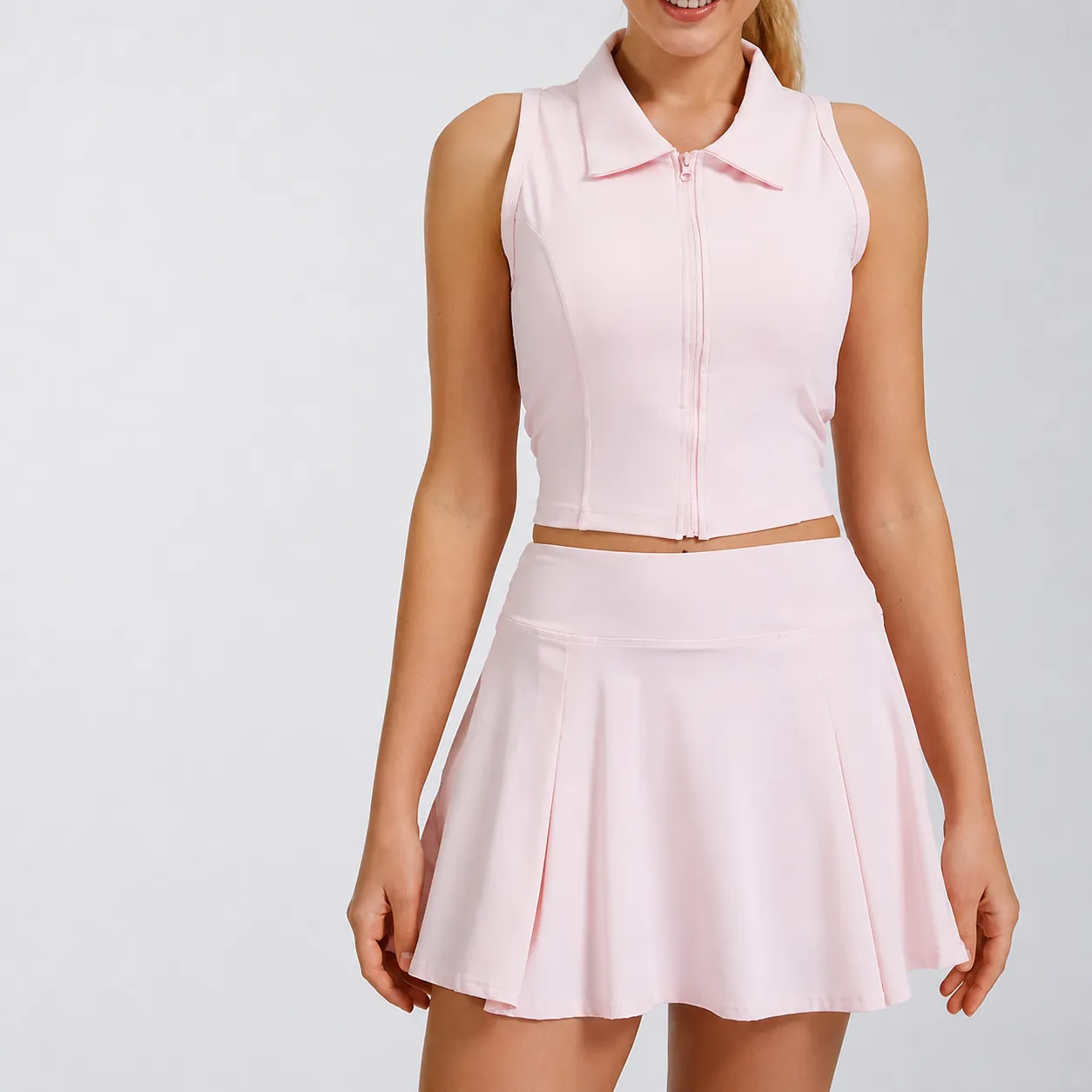 Conjunto de Yoga para Mujer Secado Rápido Transpirable Mezcla de Nailon Camiseta Sin Mangas con Cremallera y Falda de Tenis Plisada Traje Deportivo para Fitness Gimnasio Deporte