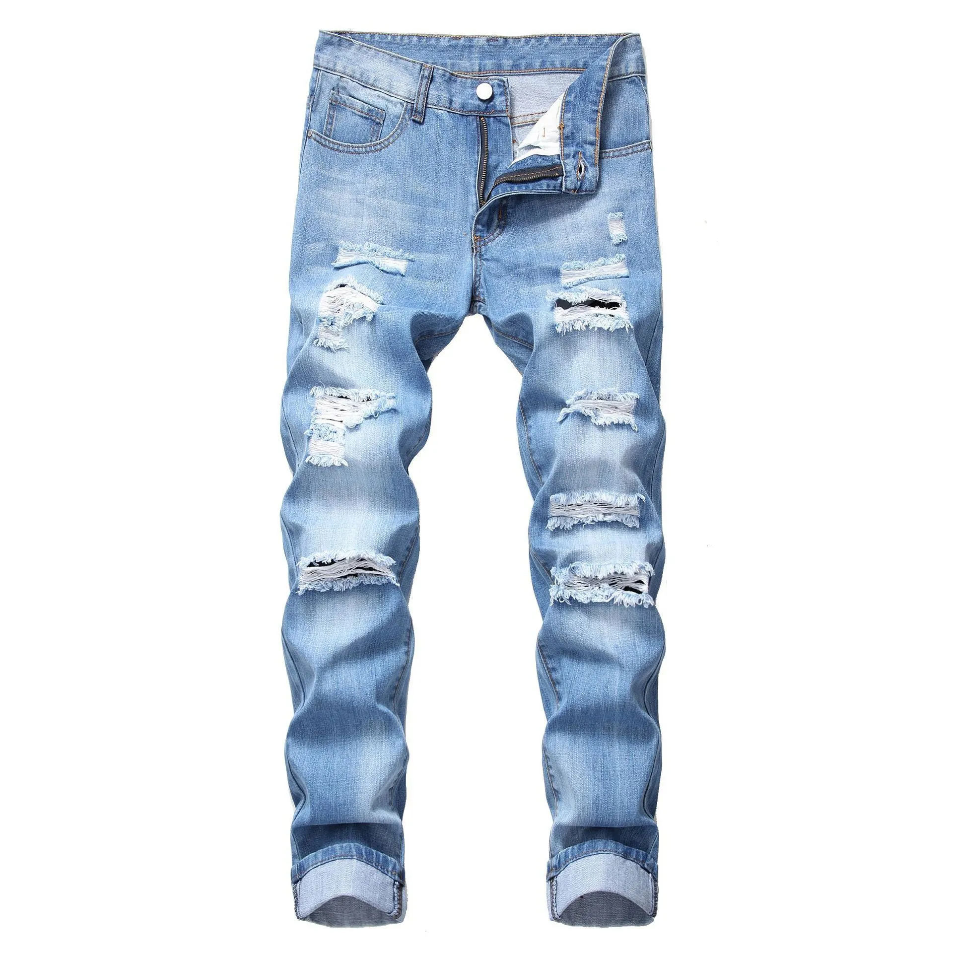 Jeans da Uomo Strappati a Gamba Dritta Slim Fit Pantaloni in Denim di Cotone Lavato Vintage Casual Streetwear Pantaloni da Uomo