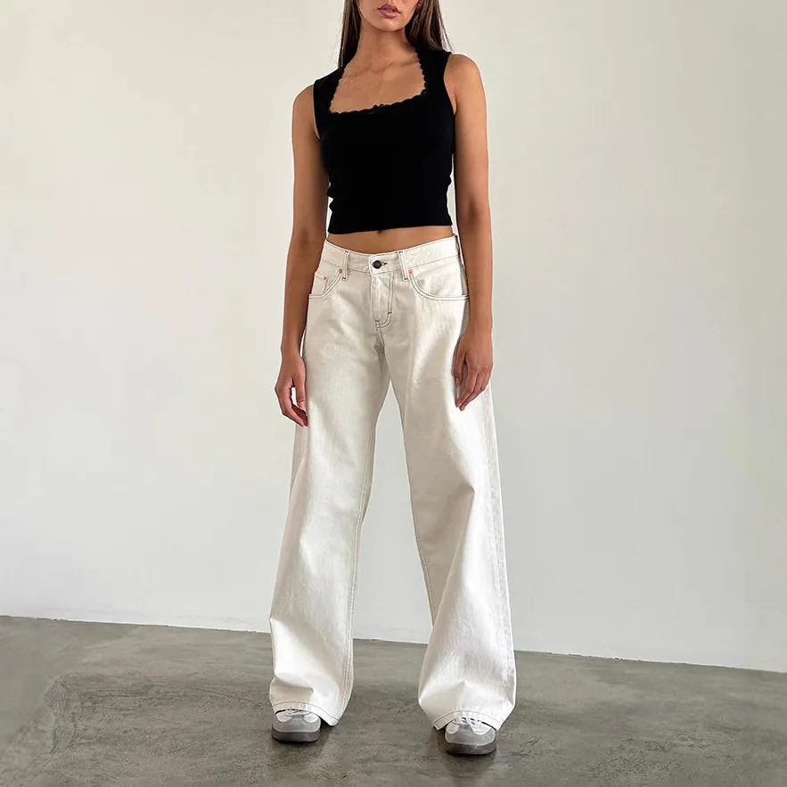 Women American Vintage Low Waist Washed Straight Jeans Cotton Streetwear Wide Leg Denim Pants Fall New Hand Worn Trousers