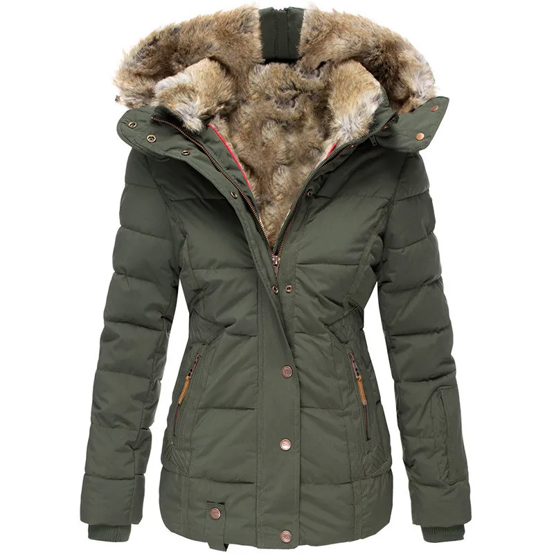 Women's Winter Slim Fit Hooded Padded Jacket With Faux Fur Collar Warm Cotton Quilted Coat Zipper Outerwear Top