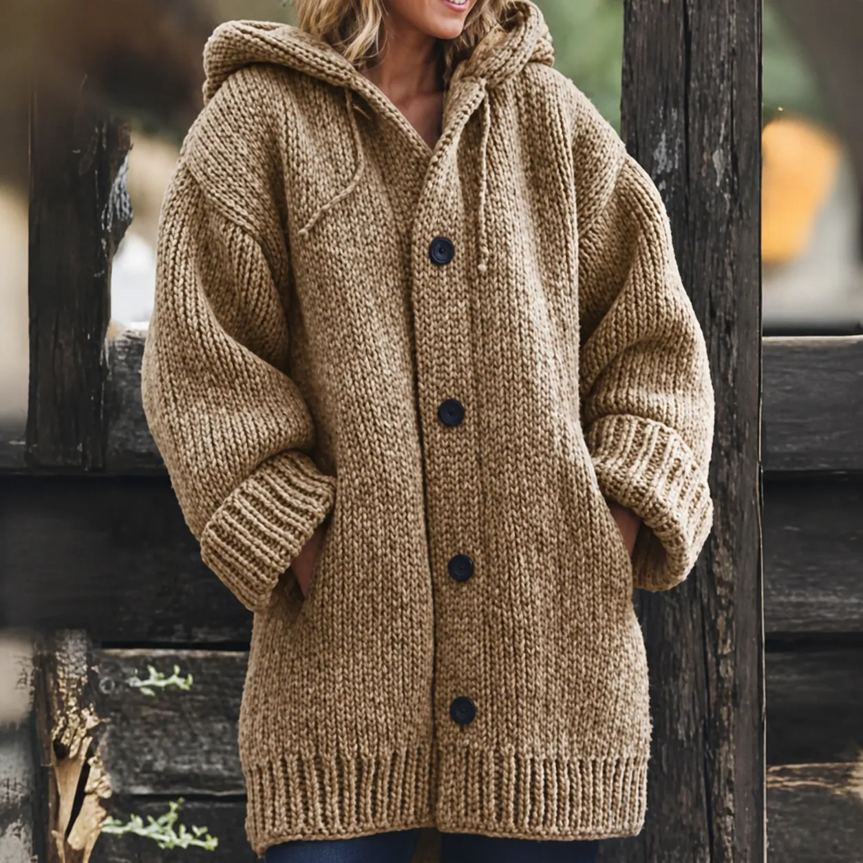 Women Mid-length Hooded Knit Cardigan Sweater Loose Single Breasted Buttons Long Sleeve Solid Color Warm Outerwear Top