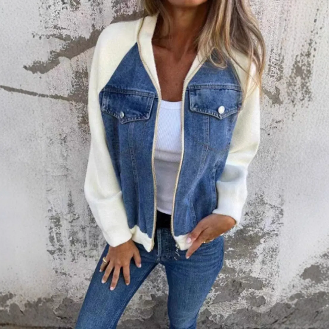 Giacca da Donna Casual in Denim con Cuciture Moda Capispalla Cerniera Manica Lunga a Contrasto Streetwear Cappotto Giacca Casual