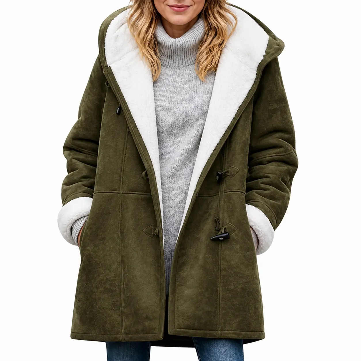 Women Hooded Toggle Coat Fleece Lined Long Sleeve Warm Jacket Solid Color Winter Outerwear Casual Top