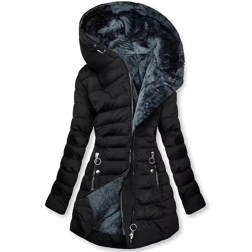 Abrigo Acolchado de Algodón Romano para Mujer Chaqueta con Capucha Forrada de Felpa con Pelo de Conejo Cremallera Diagonal Parka Cálida