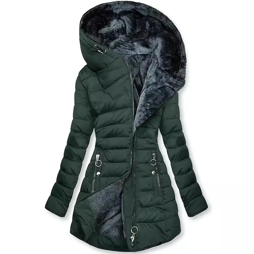 Women's Winter Hooded Padded Coat Warm Fleece Lined Faux Fur Collar Quilted Outerwear Slim Fit Mid-Length Puffer Jacket Top