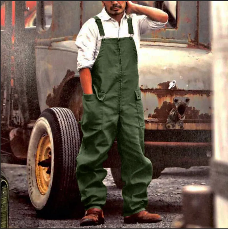 Men's Retro Cargo Bib Overalls Cotton Loose Multi-Pocket Work Pants Vintage Jumpsuit For Men Casual Top And Bottom