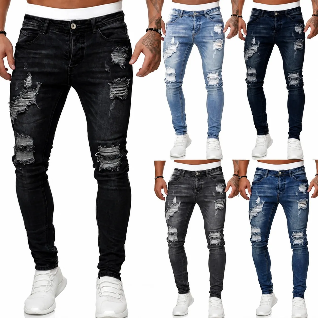 Men's Ripped Skinny Jeans Distressed Slim Fit Denim Pants With Stretch Washed Frayed Design Casual Streetwear Bottom