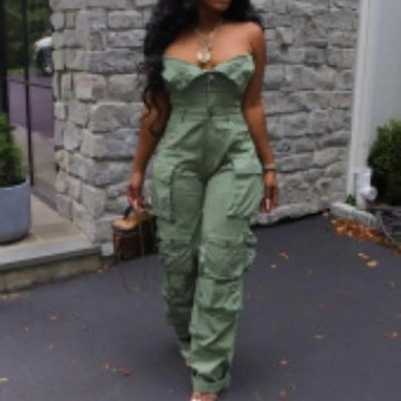 Women Sexy Strapless Button Front Jumpsuit Polyester Multi Pocket Cargo Overall High Waist Commuter Style Wide Leg Romper