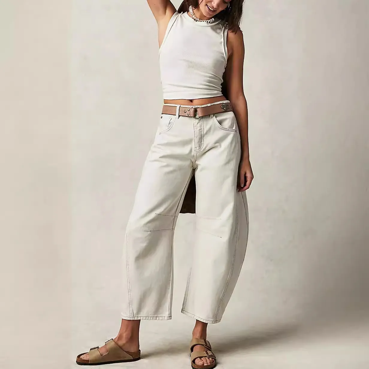 Women's Casual Wide Leg Jeans Cotton Washed Denim Loose Mid Waist Straight Leg Trousers Urban Streetwear Fashion Bottom