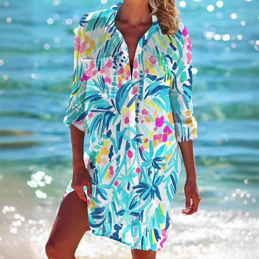 Women Cotton Linen Printed Button Down Shirt Mid-Length Loose Short Sleeve Blouse Beach Cover Up Casual Tropical Holiday Top