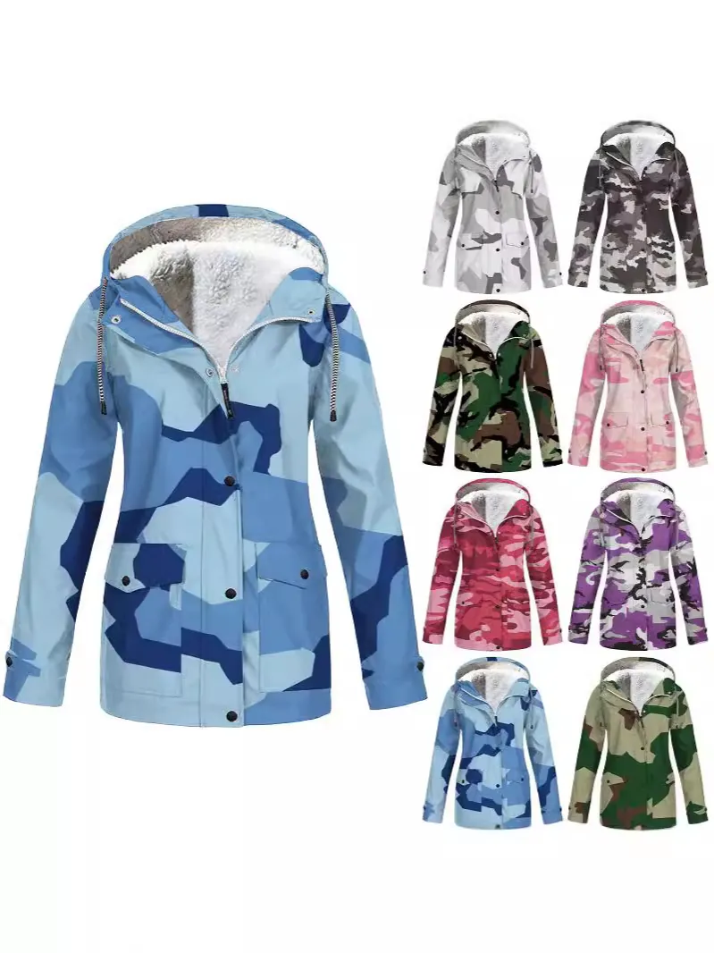 Men Camouflage Outdoor Assault Jacket Hooded Water-Repellent Fleece Lined Winter Windbreaker Jacket Multi-Pockets Top