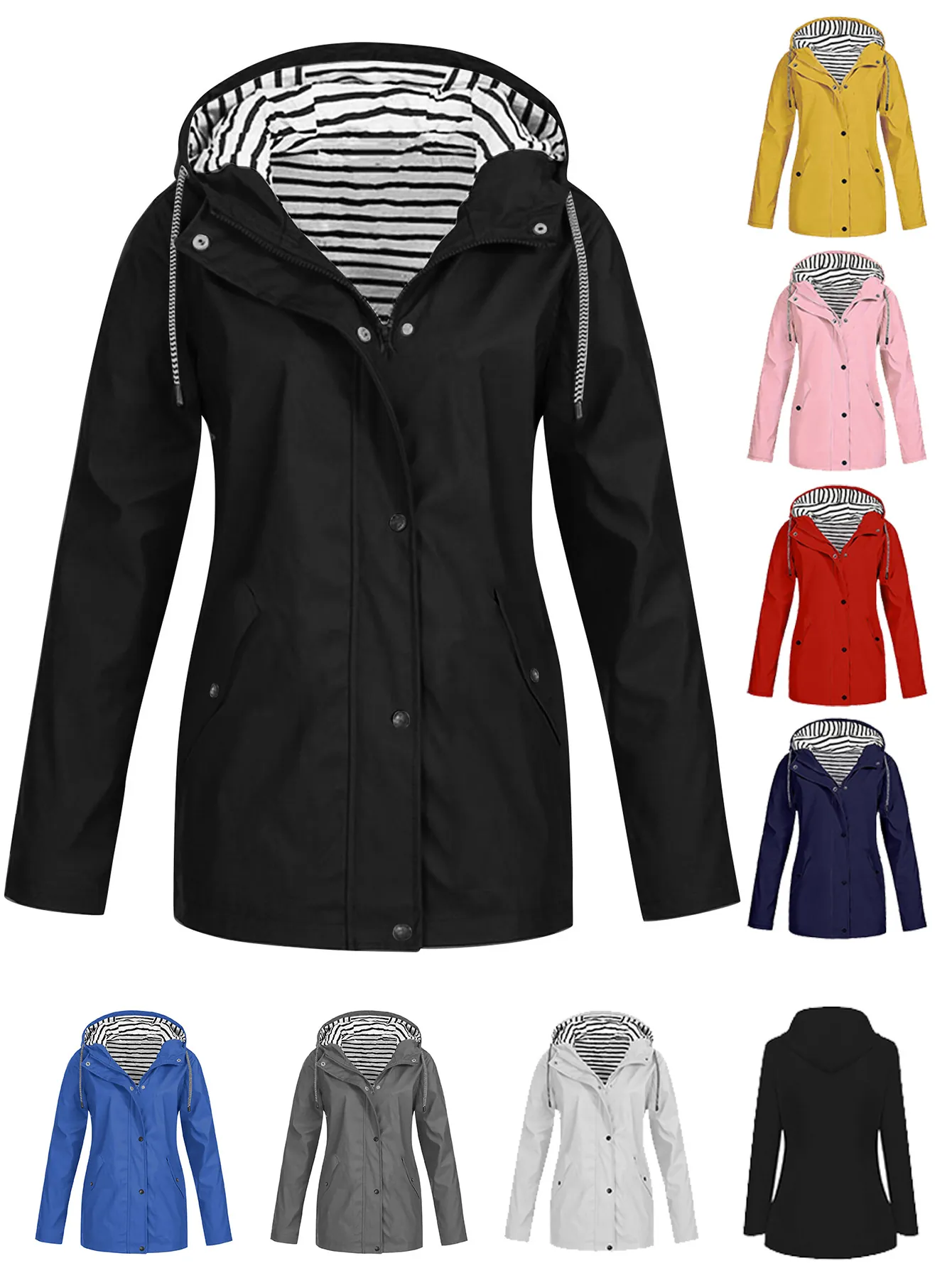 Women's Waterproof Hooded Rain Jacket Striped Lining Mid-Length Windbreaker Outdoor Hiking Coat Fashion Casual Top