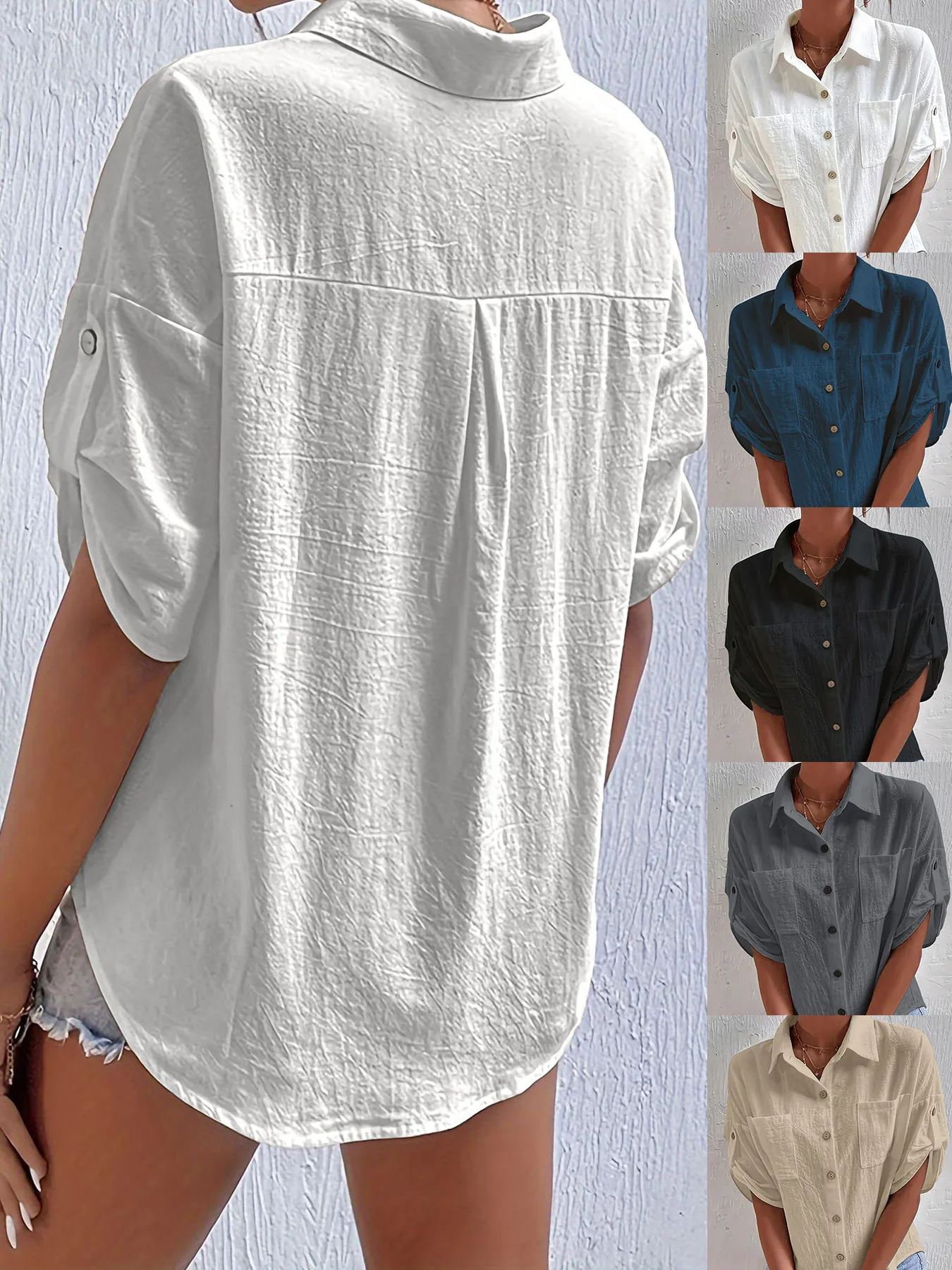 Damen Casual Baumwolle Textur Kurzarm Hemd Knopfleiste Revers Bluse Mit Taschen Einfarbig Locker Sommer Top