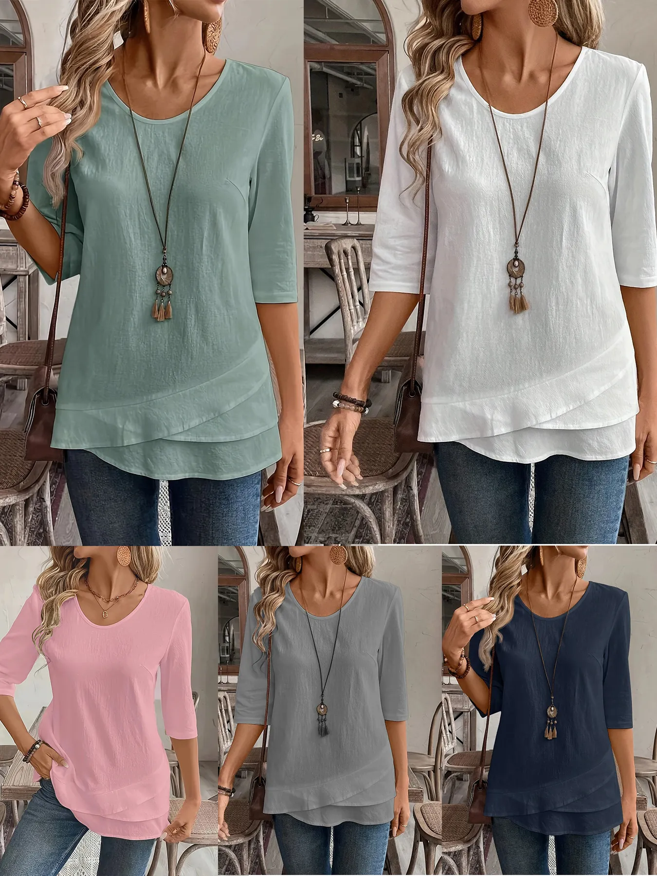 Women's Casual V-Neck Flutter Sleeve Blouse Solid Color Polyester Stitching Top For Summer Daily Office Wear