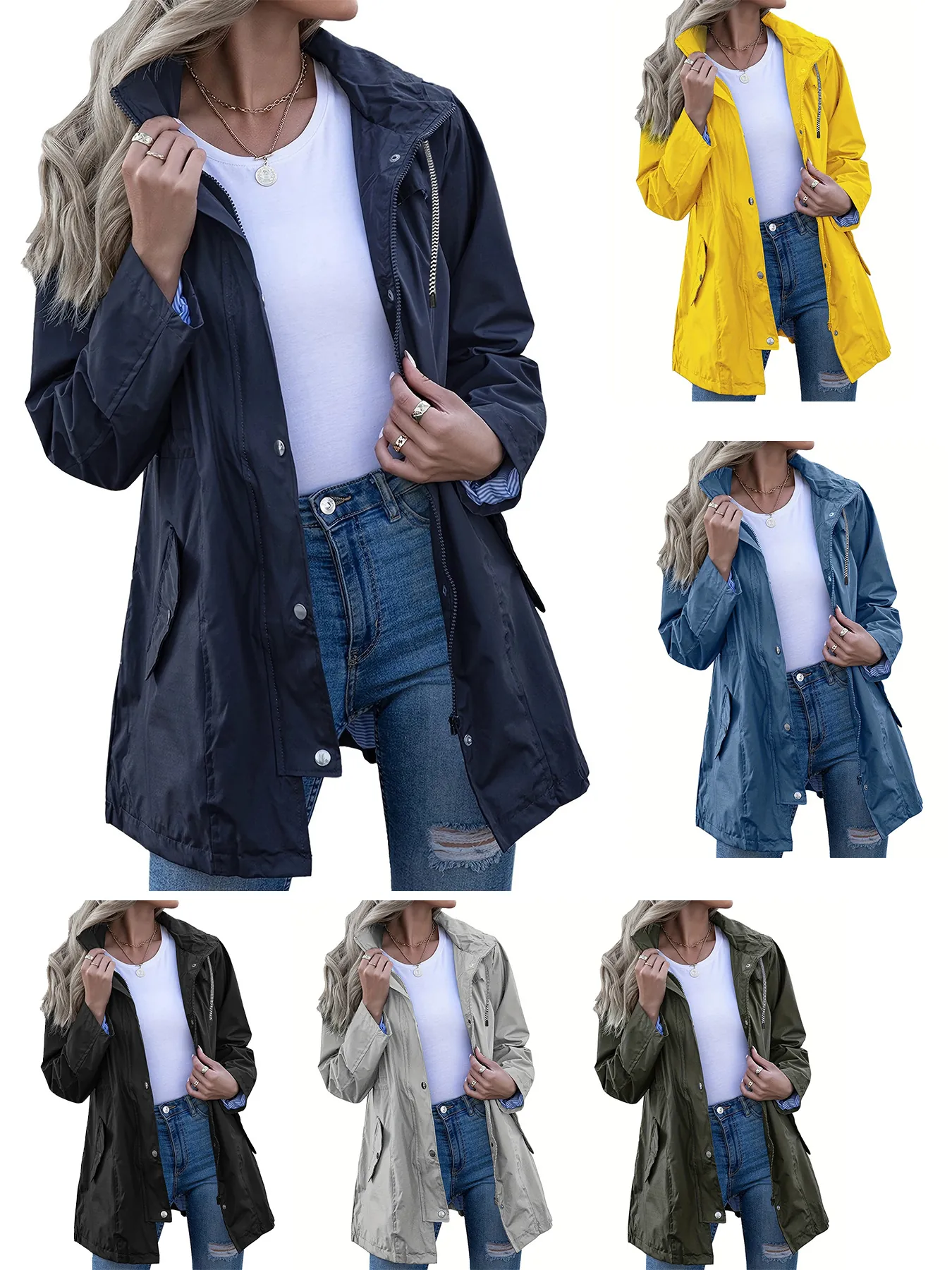 Veste Imperméable Femme Coupe-vent Mince à Capuche Imperméable D'extérieur Tissu Acrylique Vêtements D'extérieur Décontractés Top
