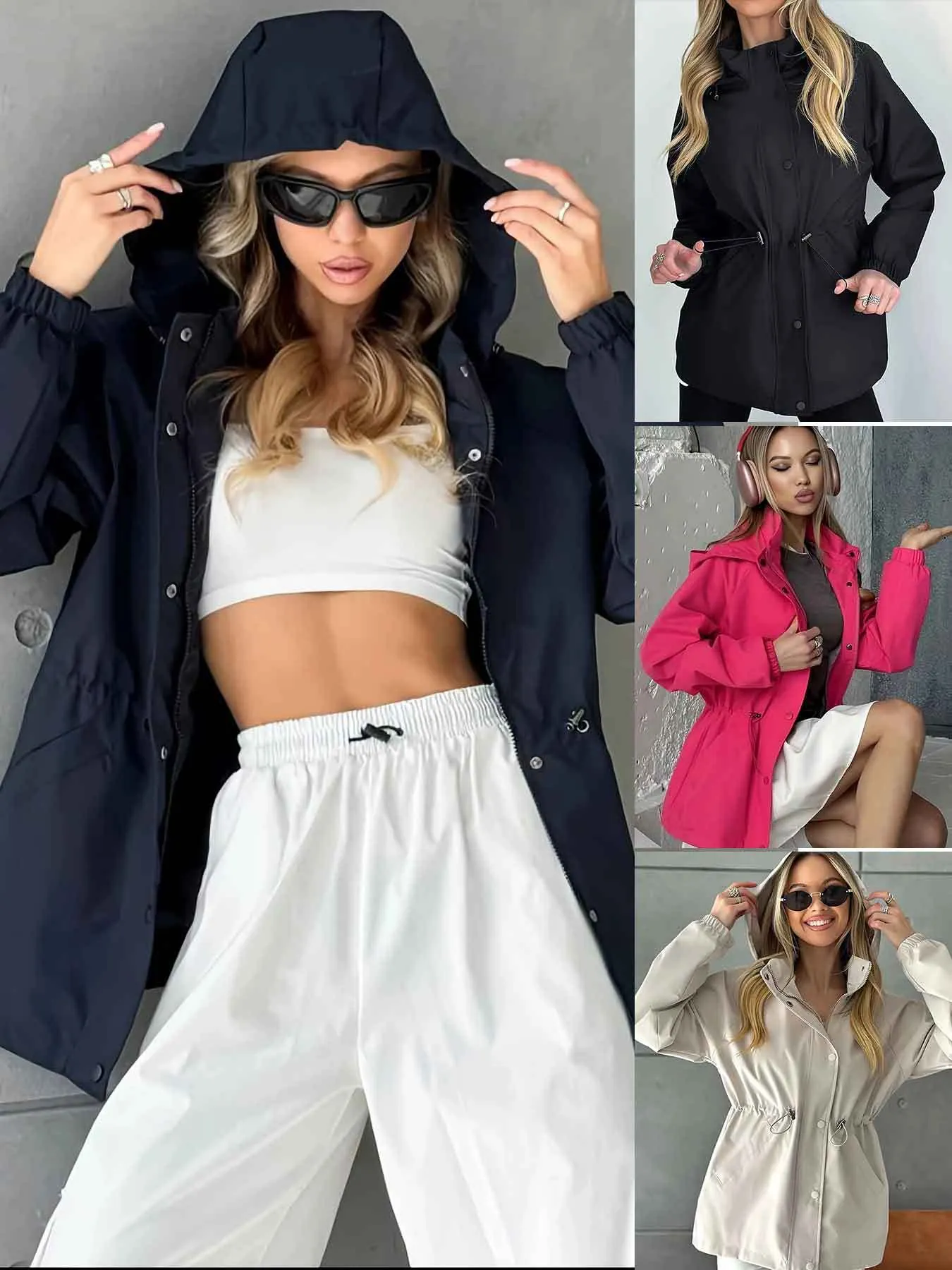 Veste Imperméable Femme Trench-coat Coupe Ajustée à Capuche Coupe-vent Couleur Unie Mode Extérieure Imperméable Pardessus Top