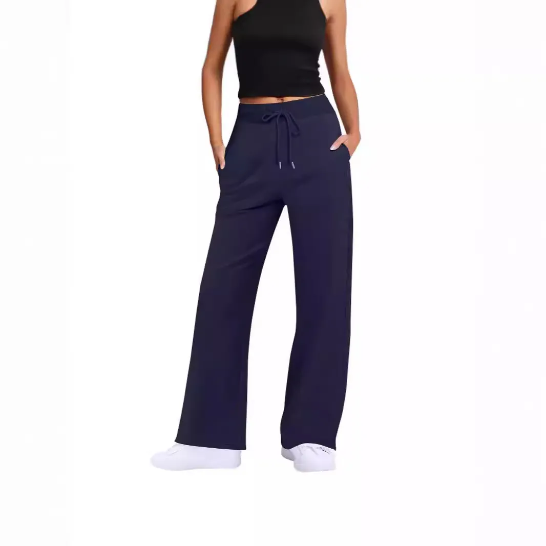 Damen Hohe Taille Kordelzug Freizeithose Lässig Weites Bein Einfarbig Polyester Strickhose Bequeme Loungehose