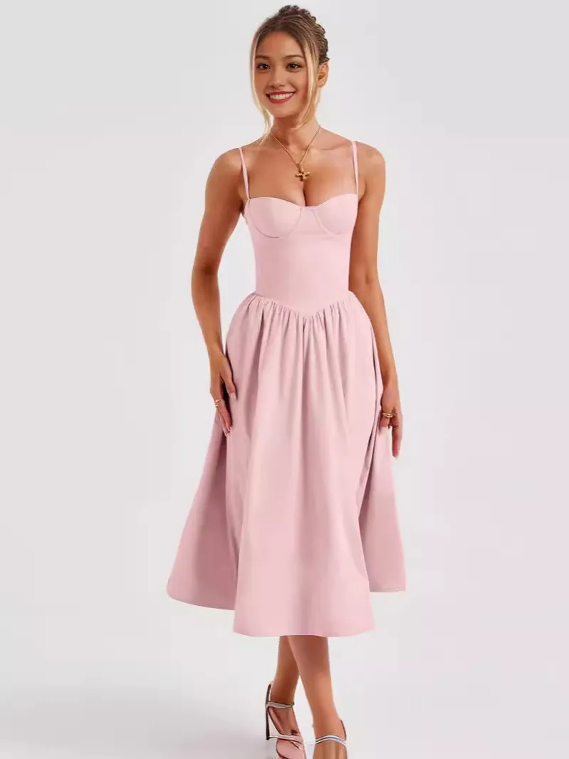 French Retro Palace Style Polyester Bustier Spaghetti Strap Midi Dress For Women Summer Elegant Lace Up A Line Dress