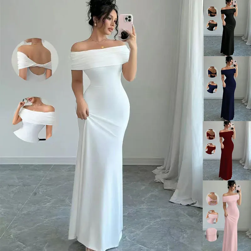 Vestito Lungo da Donna Sexy Senza Spalle Senza Maniche Slim Fit Lavorato a Maglia Aderente Elegante Tinta Unita Festa Serale Cocktail