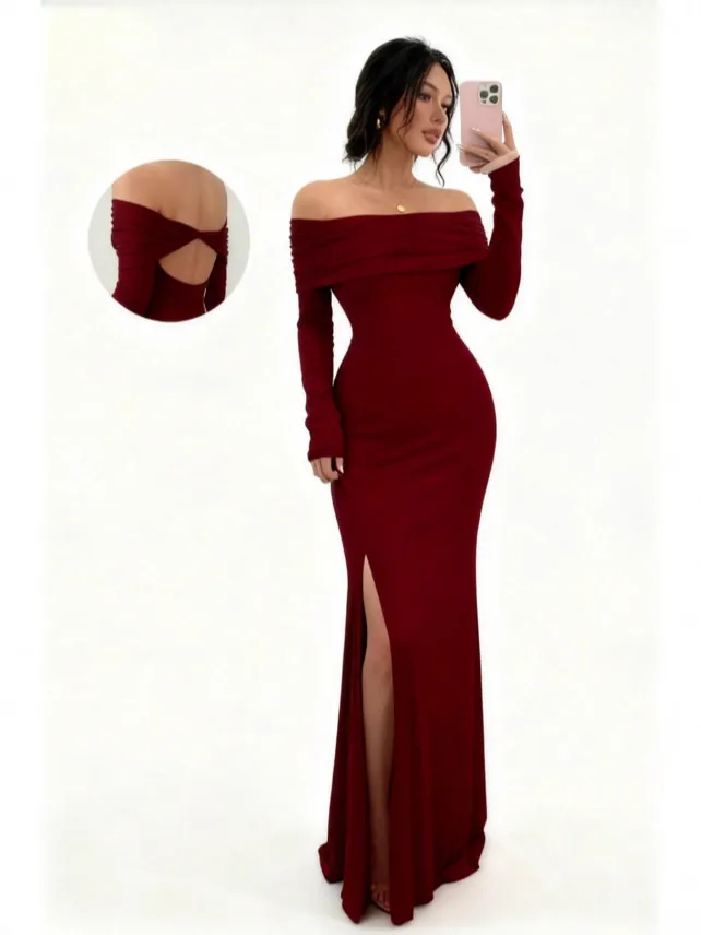 Women Elegant Off Shoulder Long Sleeve Maxi Dress High Slit Backless Hollow Out Twist Knot Bodycon Evening Party Dress