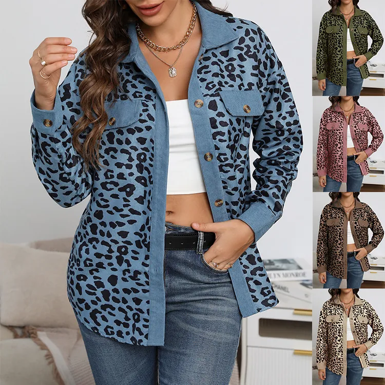 Women Casual Leopard Print Corduroy Jacket Loose Single Breasted Long Sleeve Turndown Neck Coat Plus Size Outerwear Top