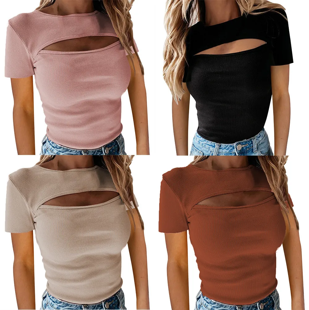 Women Sexy Chest Cut Out Ribbed T-Shirt Slim Fit Knitted Round Neck Top Short Sleeve Long Sleeve Solid Color Casual Clothing