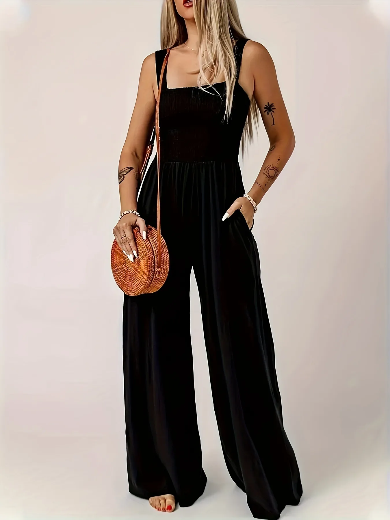 Tuta Intera da Donna Elegante in Poliestere con Top a Punto Smock Vita Alta Gamba Larga Minimalista Tinta Unita Top And Bottom