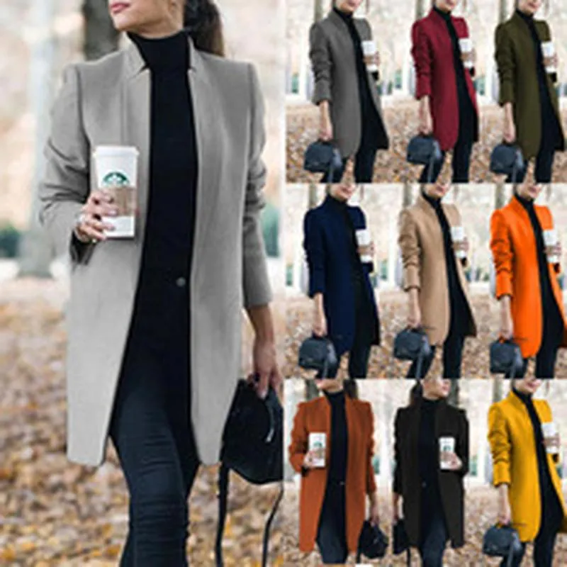 Dames Herfst Winter Half Lange Wollen Jas Opstaande Kraag Slim Fit Effen Kleur Polyester Wolmix Elegante Stedelijke Jas Top