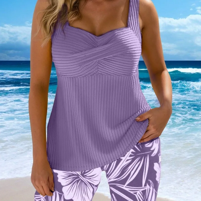 Women Plus Size Tankini Swimsuit Ribbed Top And Floral Bottom Two Piece Bathing Suit Beachwear Polyester Swimwear Set