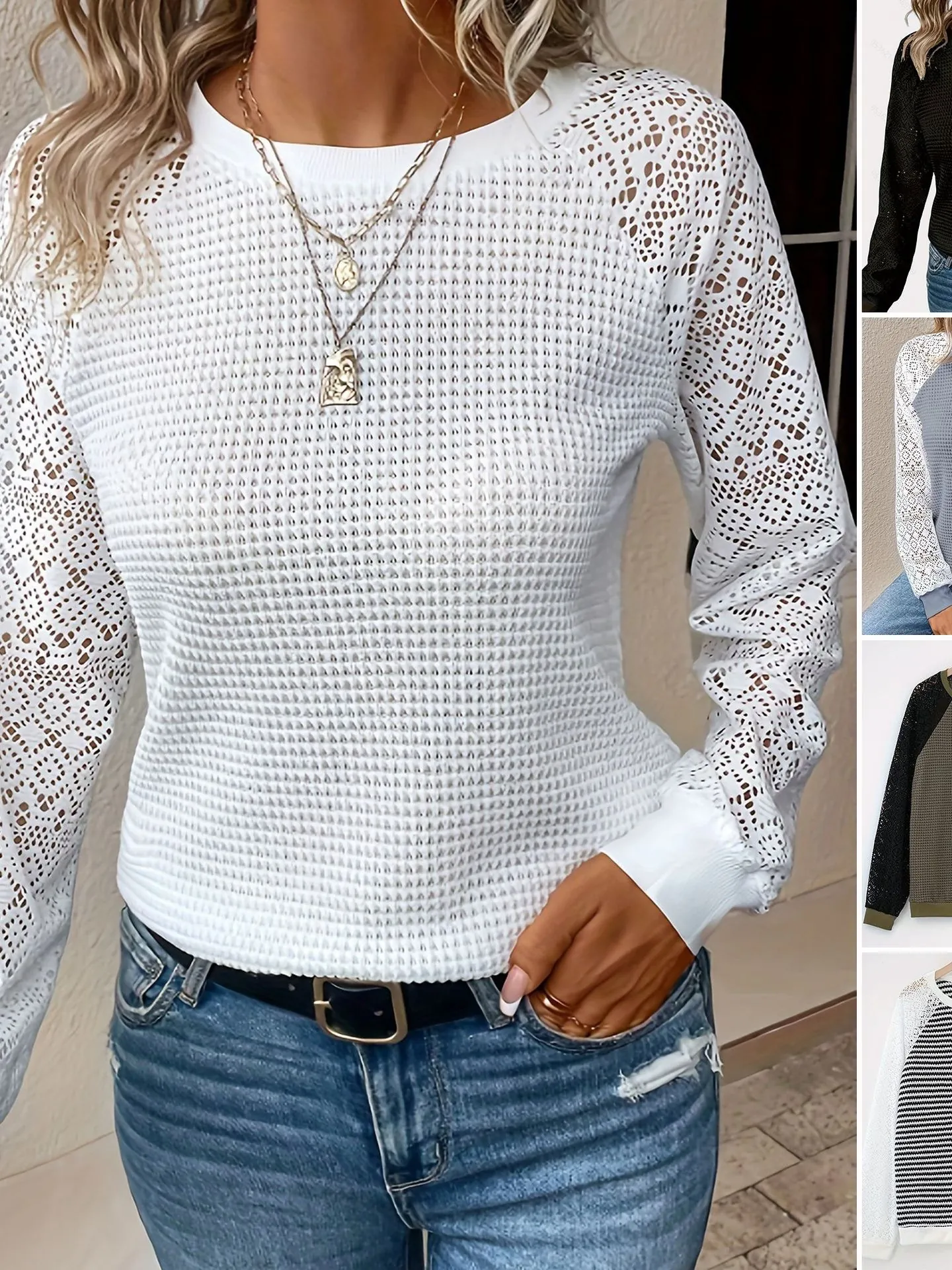 Dames Casual Ronde Hals Lange Mouwen T-Shirt Kant Opengewerkt Patchwork Wafelgebreid Polyester Top Lente Zomer Mode